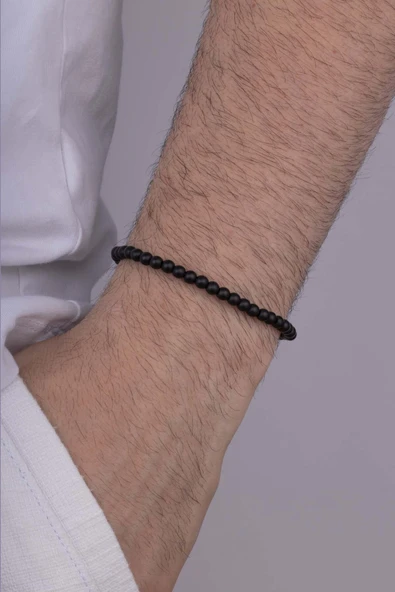 Gümüş Pazarım 4 mm Minimal Taşlı Oniks Taşlı Doğal Taş Erkek Bileklik - Resim 2