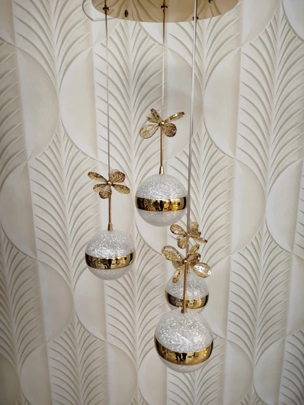 Şık Tarz Modern LED Avize Gold Ledli Salon Avizesi Kelebek Taşlı - 3