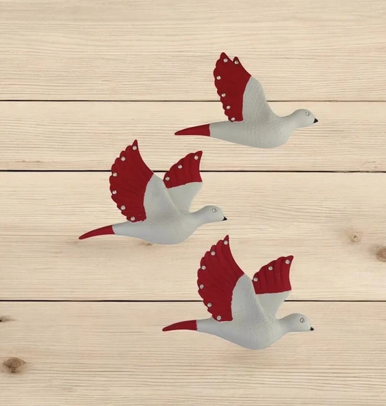 Dekoratif Üçlü Kumru Kuş Duvar Dekoru Süs kırmızı renk - 3
