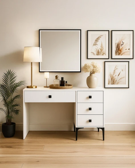 Beyaz Modern Makyaj Masası Çekmeceli ve Aynalı - 4