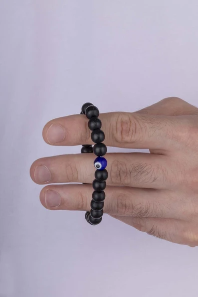 Gümüş Pazarım Nazar Boncuğu Detaylı Oniks Taşlı Doğal Taş Erkek Bileklik - Resim 3