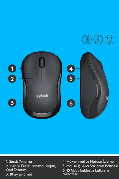 logitech B220 Sessiz Kompakt Kablosuz Mouse - Siyah - 6
