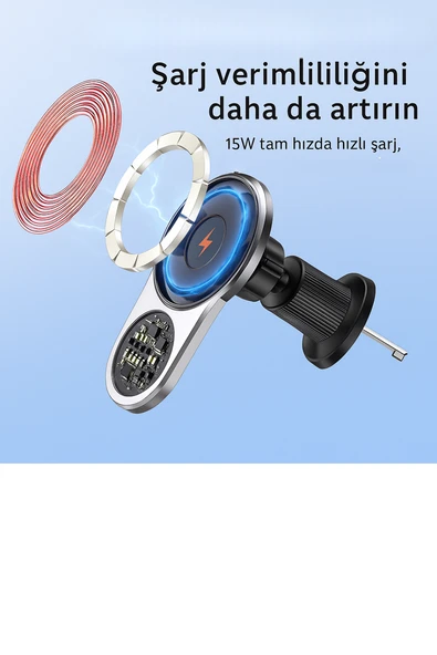 15W Hızlı Şarj Destekli Manyetik Araç Telefon Tutucu, 1200g Güçlü Emiş Gücü , Akıllı Çipli 360 derece Döner Tasarım - 7