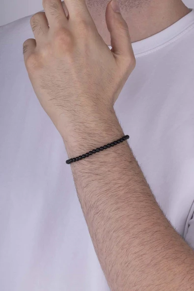 Gümüş Pazarım 4 mm Minimal Taşlı Oniks Taşlı Doğal Taş Erkek Bileklik ürün görseli 1