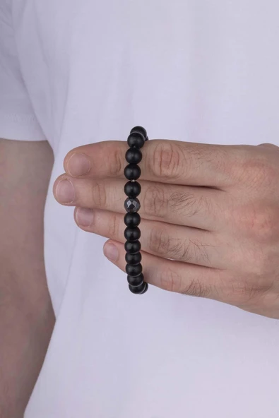 Gümüş Pazarım Hematit Detaylı Yuvarlak Kesim Oniks Taşlı Doğal Taş Erkek Bileklik - Resim 3