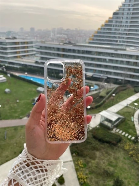 Apple iPhone 13 Kılıf Water Shining Sulu Simli Kapak Gold ürün görseli 1