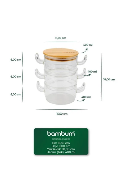 Bambum Modena - 3'lü Bambu Kapaklı Cam Saklama Kabı - Resim 4