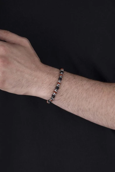 Gümüş Pazarım Hematit Geçişli Oniks Taşlı 3 Renk Doğal Taş Erkek Bileklik - Resim 3