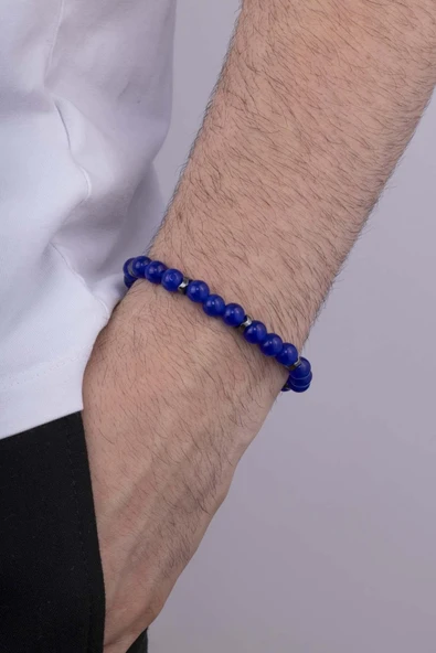 Gümüş Pazarım Yuvarlak Kesim Mavi Akik Doğal Taş Erkek Bileklik ürün görseli 1