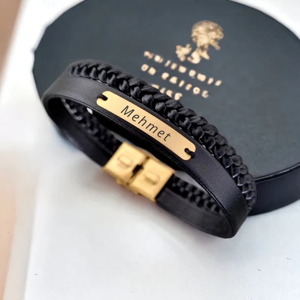 14 Ayar Altın Plakalı İsme Özel Dikdörtgen Motifli Hakiki Siyah Derili Hediye Bileklik-537 ürün görseli