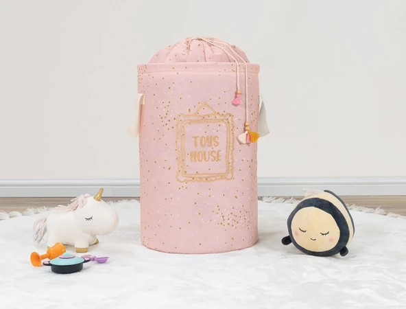 Baby Kullanımı Kolay Desenli Taşınabilir Torbalı Yuvarlak Sepet(pembe) Çamaşır Sepeti 04270 - 2