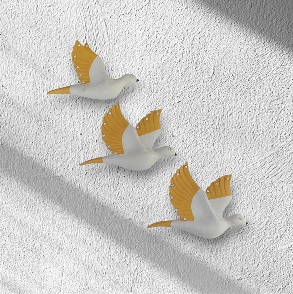 Dekoratif Üçlü Kumru Kuş Duvar Dekoru Süs sarı renk - 2