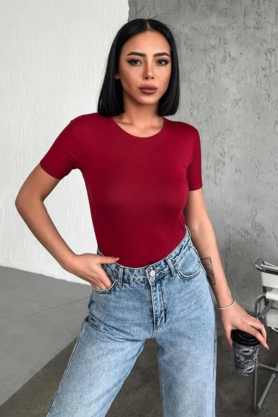 Rahat Ve Şık Kısa Kollu Bisiklet Yaka Likralı Viskon Penye Body Bordo - 1