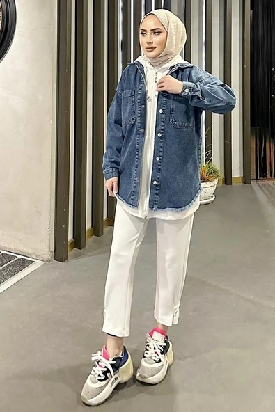 Koyu Mavi Kar Yıkama Püskül Detay Kot Ceket Oversize - 1