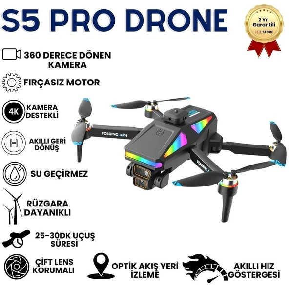 S5 Pro Akıllı Drone Katlanabilir ve 4K HD Kameralı Çift Lensli Yüksek Hızlı Çocuklar İçin uygun Drone ürün görseli