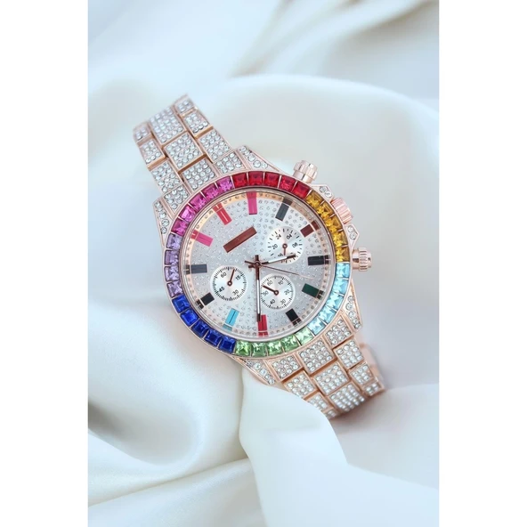 Clariss Trend Rose Metal Kordonlu Zirkon Taş Kaplama Renkli Taşlı Kasa Tasarımlı Lüx Kadın Kol Saati - 1
