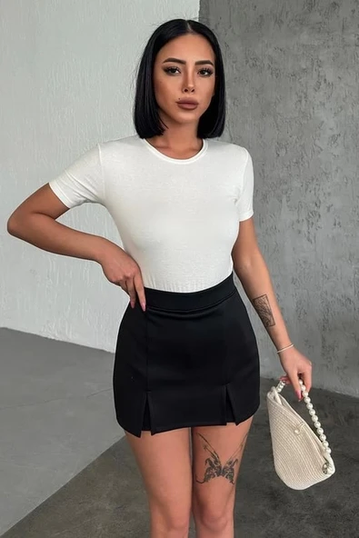 Rahat Ve Şık Kısa Kollu Bisiklet Yaka Likralı Viskon Penye Body Ekru - 1