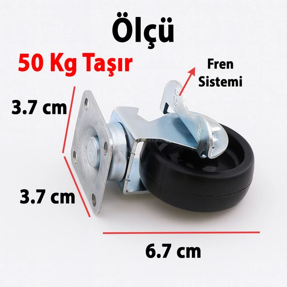 4’lü Set 50 mm Tablalı Dönerli Frenli Mobilya Teker Siyah Metal Gövde Yük Taşıma Kapasiteli - Resim 2