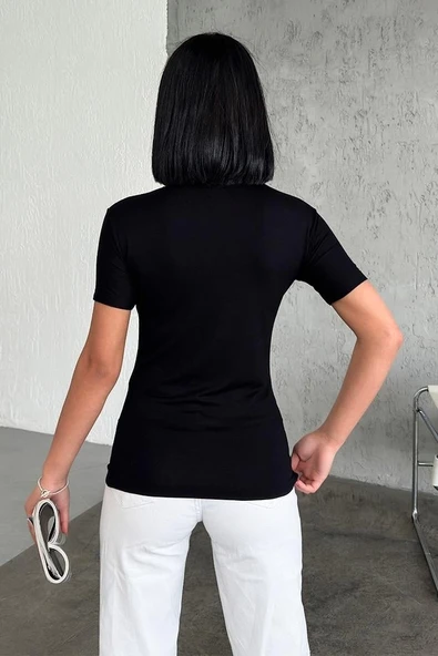Rahat Ve Şık Kısa Kollu Bisiklet Yaka Likralı Viskon Penye Body Siyah - 3