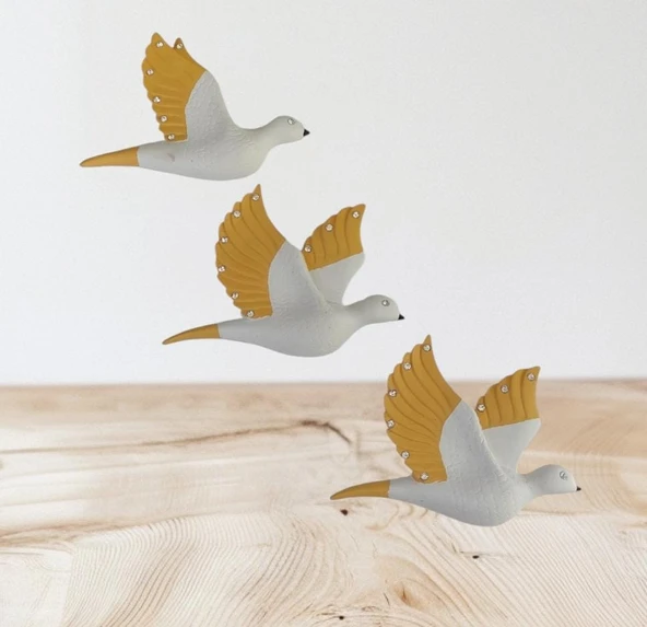 Dekoratif Üçlü Kumru Kuş Duvar Dekoru Süs sarı renk