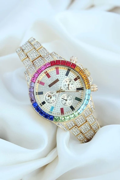 Clariss Trend Gold Metal Kordonlu Zirkon Taş Kaplama Renkli Taşlı Kasa Tasarımlı Lüx Kadın Kol Saati - 1
