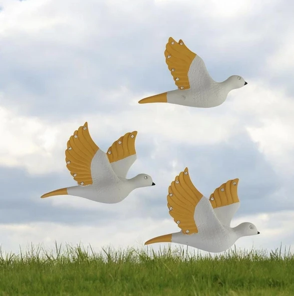 Dekoratif Üçlü Kumru Kuş Duvar Dekoru Süs sarı renk - 4