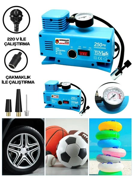 220 Volt-12 Volt 250 Psi Geniş Uygulama Yelpazesi Kompresör Lastik Hava Şişirme Oto Pompası - 1