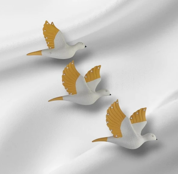 Dekoratif Üçlü Kumru Kuş Duvar Dekoru Süs sarı renk - 3
