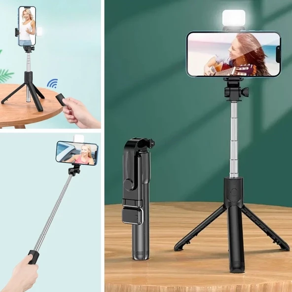 Kendiliğinden Işıklı Masaüstü Tripod Olabilen Telefon Tutuculu Kablosuz Kumandalı Selfie Çubuğu - 1