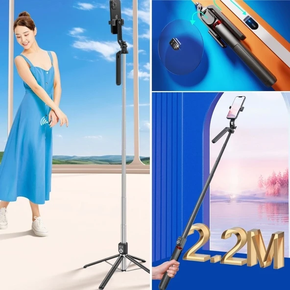 Kumandalı 360 Derece Dönebilen Cep Telefonu Ve Kamera Tripodu 2.2m Uzayabilen Selfie Çubuğu - 3