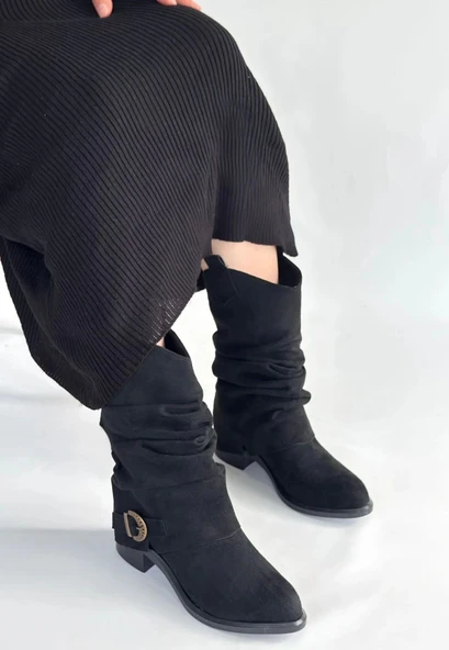 Canty Siyah Süet Körüklü Topuklu Çizme - 3