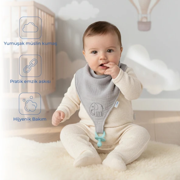 Babyjem Emzik Askılı Müslin Önlük Gri ürün görseli 1