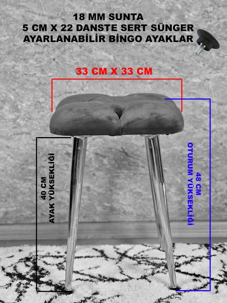 Kare Krom Kaplama Konik Ayaklı Tabure - Oturak - Bar Taburesi - Ayaklı Tabure Krem Renk 48 x 33 Boyut/Ebat - Resim 5
