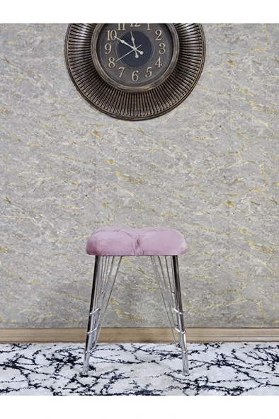 Kare Krom Kaplama Telli Ayaklı Tabure - Oturak - Bar Taburesi - Ayaklı Tabure Pembe Renk 48 x 33 Boyut/Ebat - 2