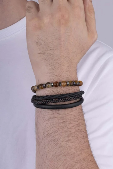 Gümüş Pazarım Akik Taşlı Doğal Taş Bileklik 3 Parçalı Erkek Deri Bileklik Kombini - 3