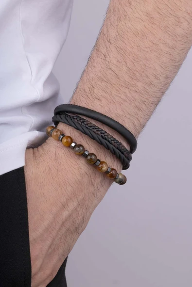 Gümüş Pazarım Akik Taşlı Doğal Taş Bileklik 3 Parçalı Erkek Deri Bileklik Kombini