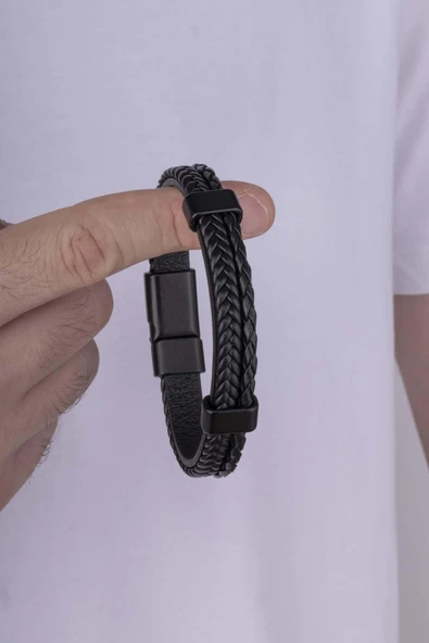 Gümüş Pazarım Örgü Model Çift Sıra Siyah Erkek Deri Bileklik - Resim 3