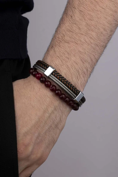 Gümüş Pazarım Bordo Renkli Ceyt Taşı Bordo Geçişli Örgü Model Erkek Deri ve Doğal Taş Bileklik Kombini Bileklik ürün görseli 1