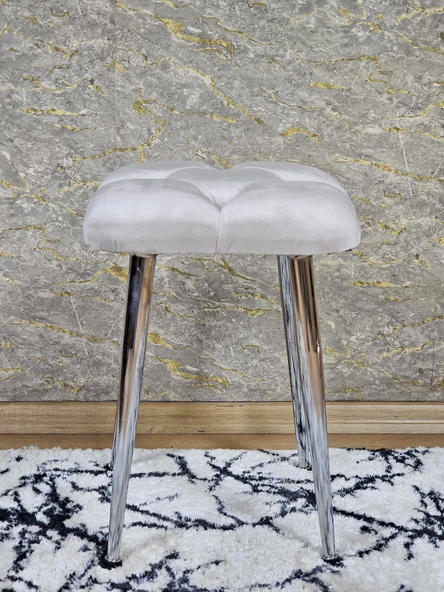 Kare Krom Kaplama Konik Ayaklı Tabure - Oturak - Bar Taburesi - Ayaklı Tabure Krem Renk 48 x 33 Boyut/Ebat - Resim 3