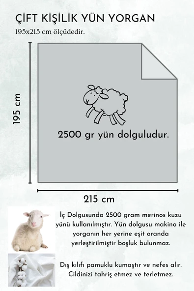 Çift Kişilik Merinos Kuzu Yünü Yorgan (%100 SAF MERİNOS KUZU YÜNÜ) 195 X 215 Cm Ebat, 3000 gram - 5