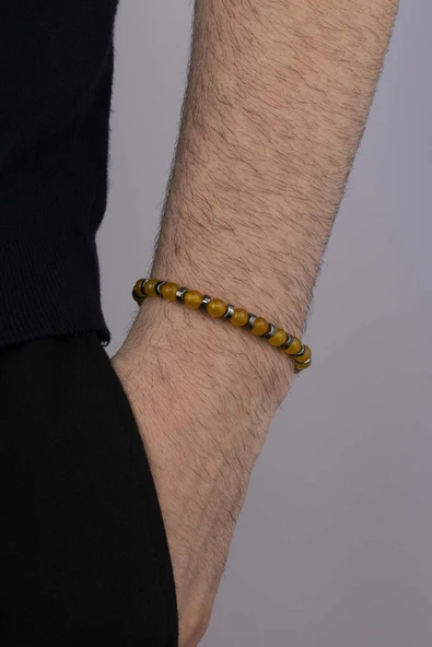 Gümüş Pazarım Hematit Geçişli Yuvarlak Kesim Sarı Ceyt Taşı Erkek Bileklik - Resim 3