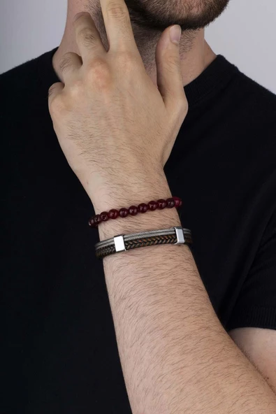 Gümüş Pazarım Bordo Renkli Ceyt Taşı Bordo Geçişli Örgü Model Erkek Deri ve Doğal Taş Bileklik Kombini Bileklik - Resim 3