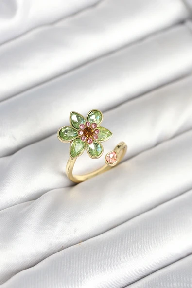 Çiçek Model Yeşil Pirinç Gold Renk Yüzük ürün görseli