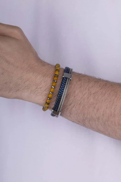 Gümüş Pazarım Lacivert Örgü Model Deri Bileklik Yanında Ceyt Taşı Erkek Bileklik Kombini - 2