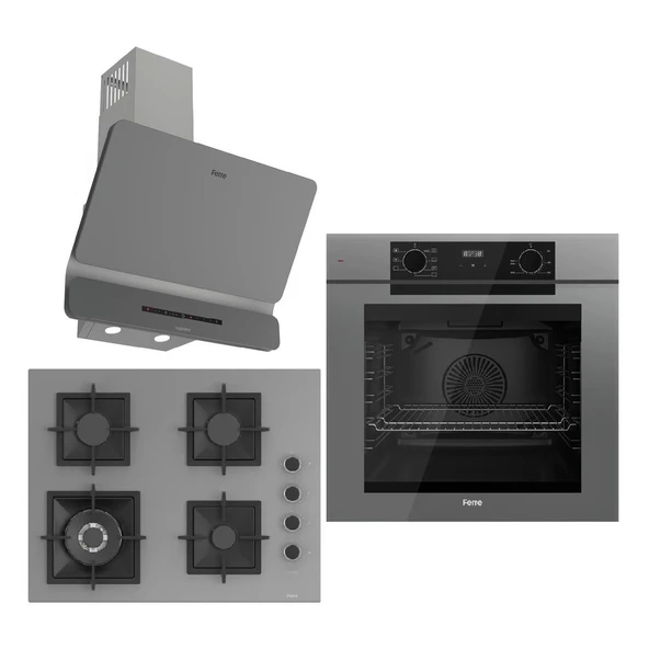 Ferre Grey FryArt 3 Lü Ankastre Set ( QEP63CPR - SC408-WFA - D082-SA ) A++ Sessiz Davlumbaz - 65 cm Wok Bek Ocak ürün görseli 1
