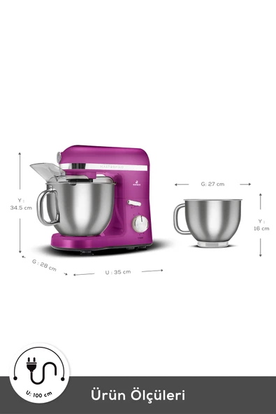 Karaca Mastermaid Chef Pro Çift Kollu Hamur Yoğurma Makinesi Fushia Love 1750W 5L - Resim 2