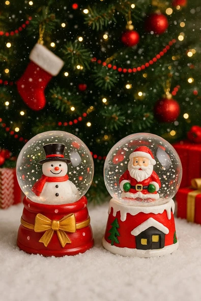 Yeni Yılın En Güzel Hediyesi Yılbaşı 2 Adet Led Işıklı 6,5 cm Noel Baba Kardan Adam Kar Küresi Seti - 1