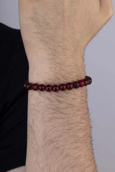 Gümüş Pazarım Bordo Renkli Yuvarlak Kesim Ceyt Taşı Erkek Bileklik - Resim 3