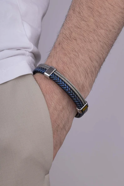 Gümüş Pazarım Lacivert Örgü Gri Detaylı Çift Renk Erkek Deri Bileklik ürün görseli 1