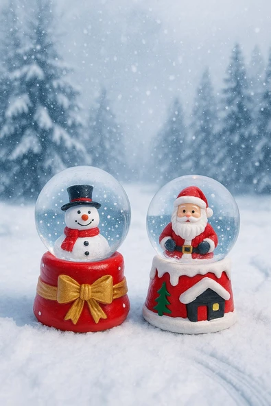 Yeni Yılın En Güzel Hediyesi Yılbaşı 2 Adet Led Işıklı 6,5 cm Noel Baba Kardan Adam Kar Küresi Seti - 5